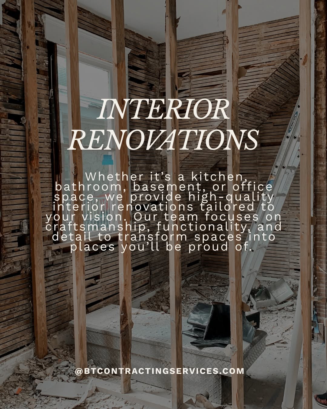 Interior Renovations: kitchen, bathroom, basement, or office renovations tailored to your vision with craftsmanship and detail.