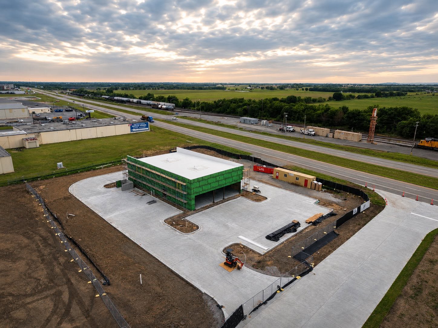Aerial view of the Sherwin-Williams build at golden hour